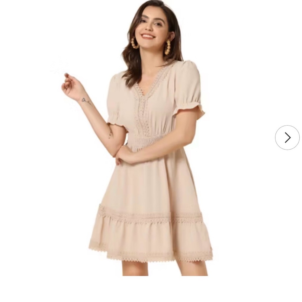Allegra K Blush Cream V-Neck Lace-Trim Mini Dress